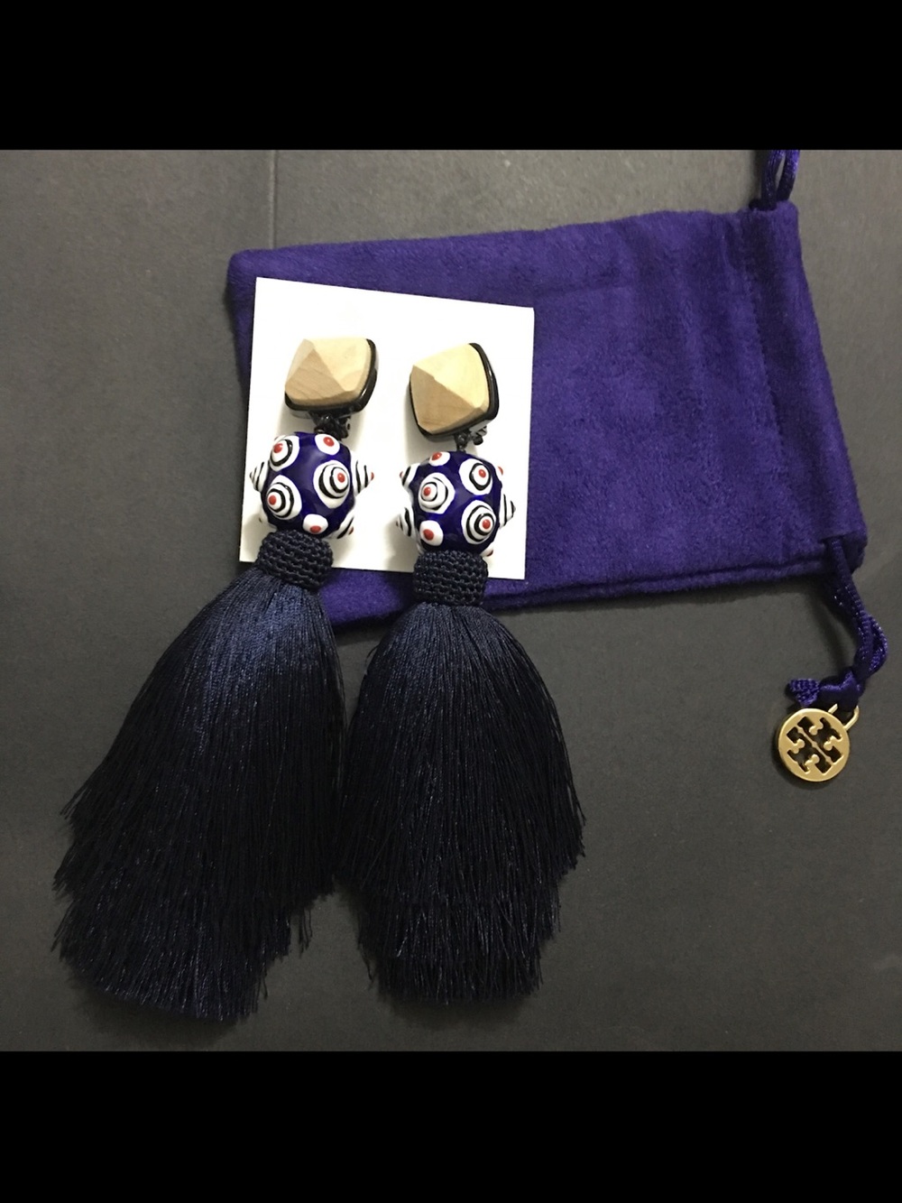 Tory Burch Navy and Gold Tassel Drop Earrings with Patterned Bead